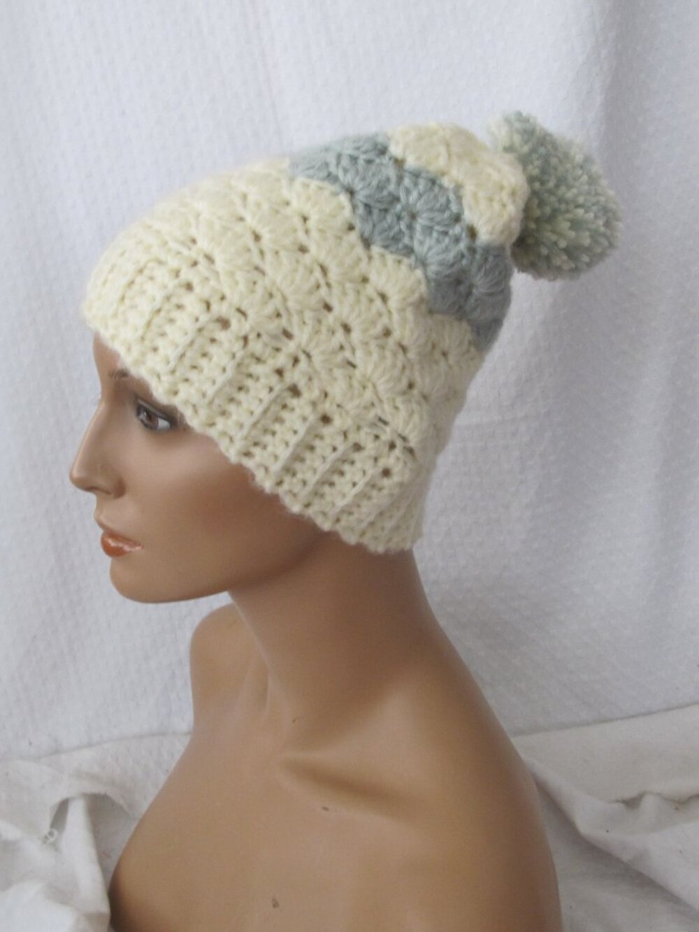 Handmade Cream and Mint Slouch Beanie
